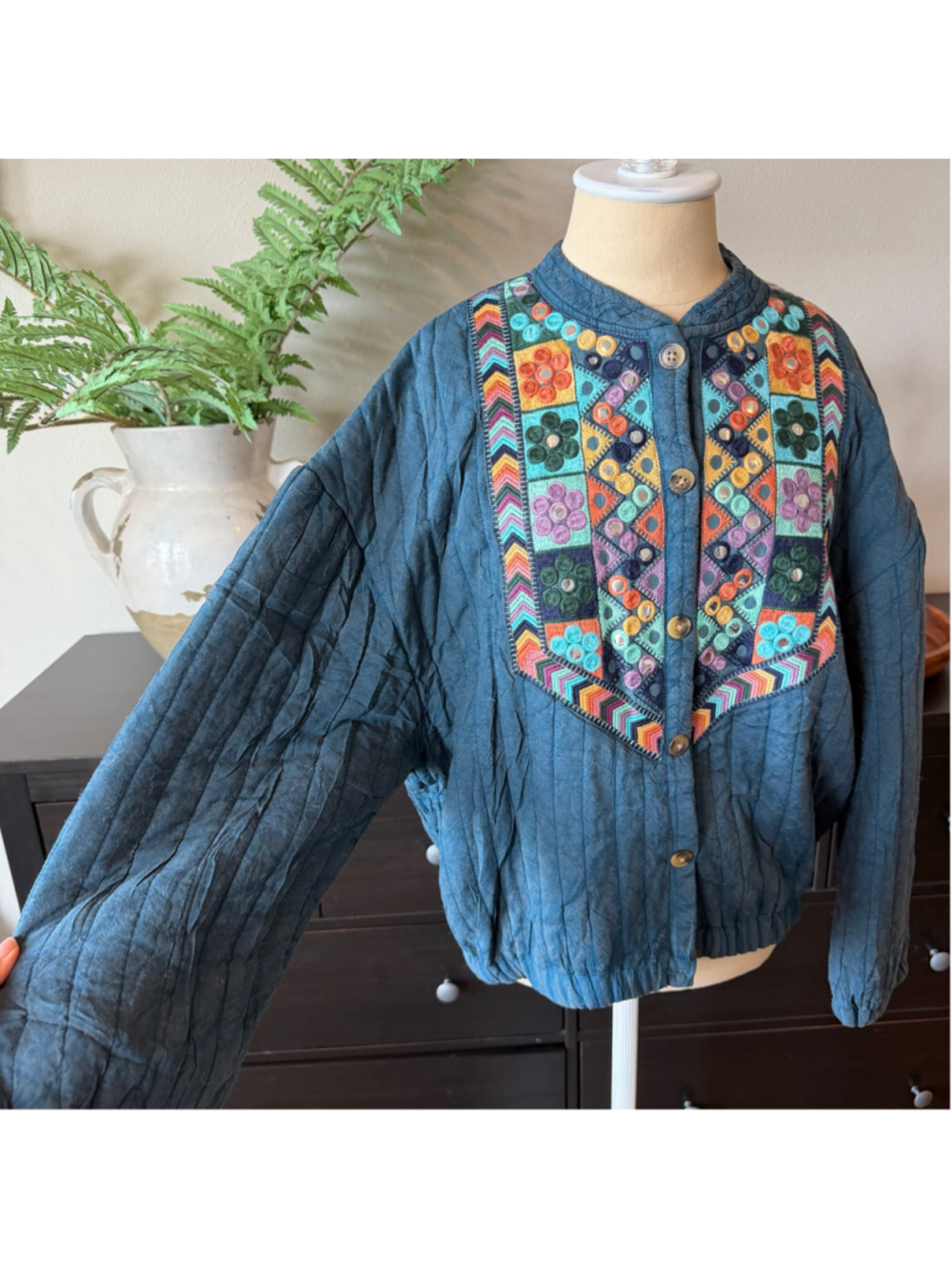 Women's Natura Teal Multicolor Embroidered Quilted Jacket L/XL - Picture 3 of 6